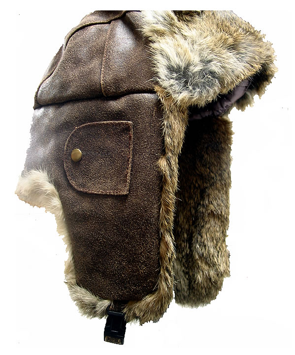 Mad Bomber Weathered Leather Hat with Brown Rabbit Fur 305L09